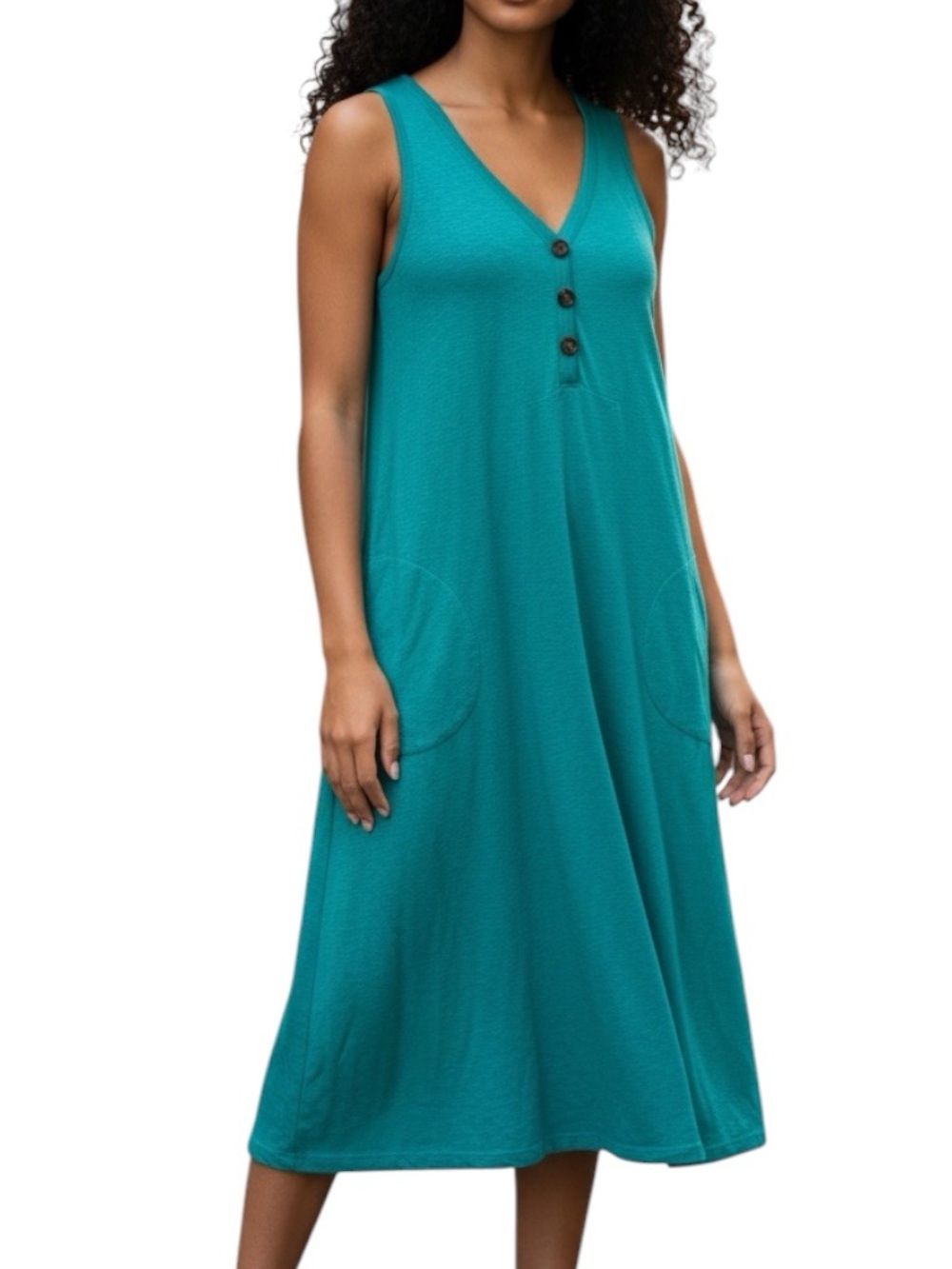 J.Jill Cotton Blend Sleeveless V-Neck Button Detail Pocket Teal Midi Dress